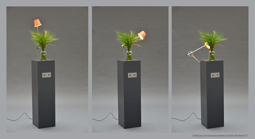 lampe robotique se cachant derrière une plante verte à l'approche du public