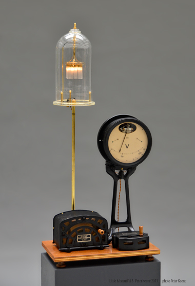 small chandelier under glass belljar, rheostat, voltmeter, Peter Keene